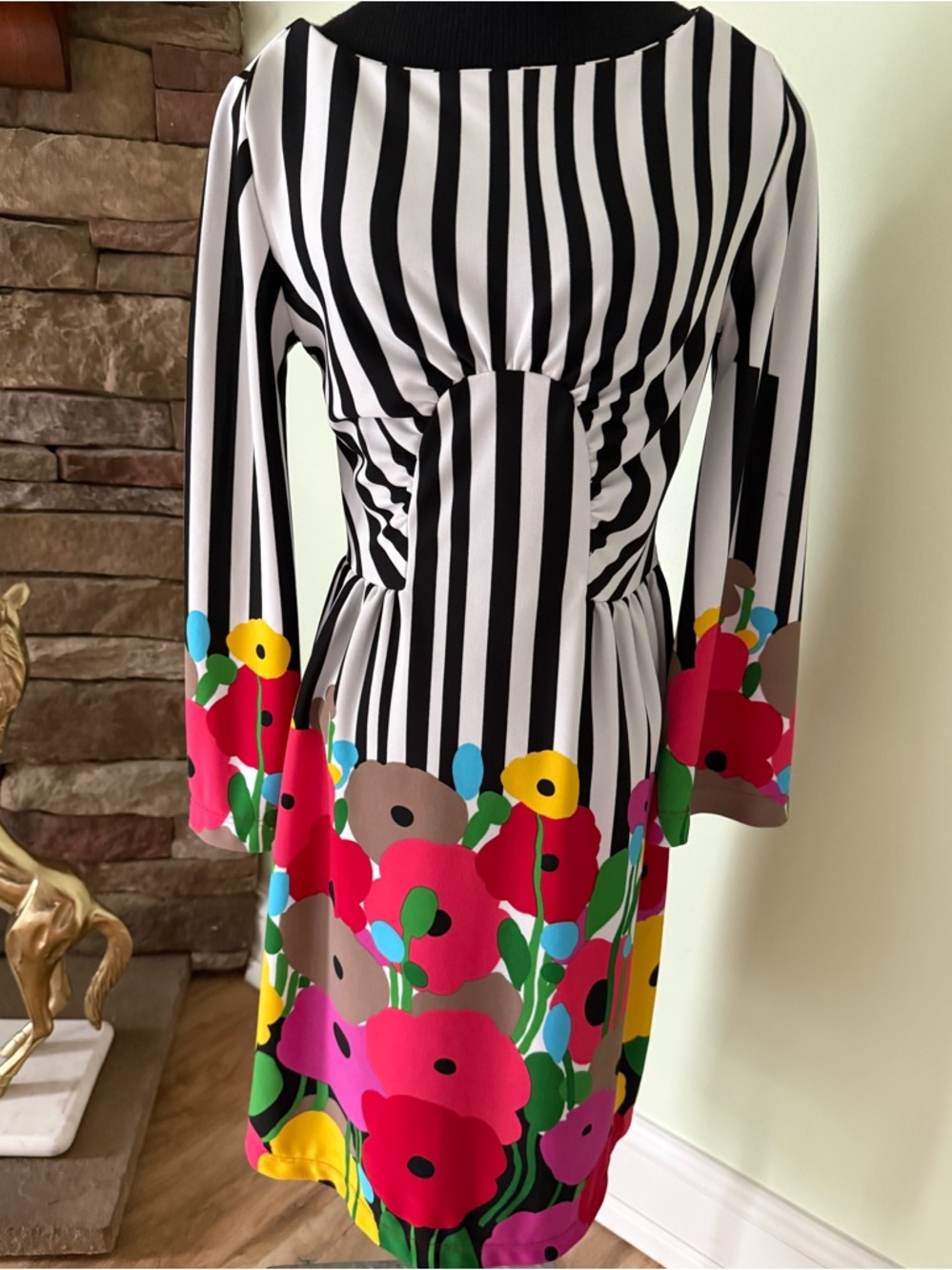 Tibi Black & White Stripe Long-Sleeve Midi Dress with Bold Floral Border